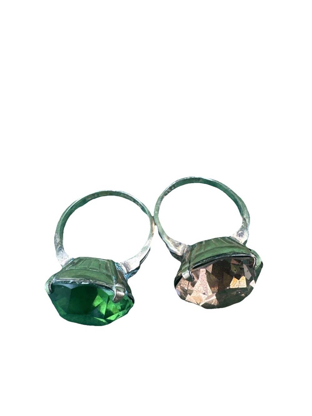 Vintage 10K Gold Filled Cocktail Ring Set – Emerald Green & Smoky Glass Art Deco